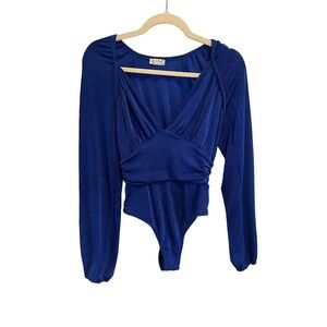 Intimately FREE PEOPLE Womens Bodysuit IN YOUR ARMS Blue Long Sleeve V-Neck XS
